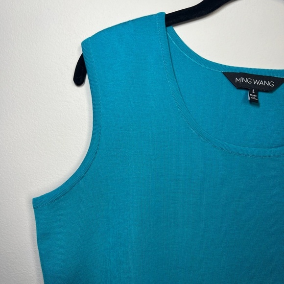 Ming Wang Scoop Neck Sleeveless Knit Top Teal Shell Side Slit Stretch Tank Large - Picture 4 of 11